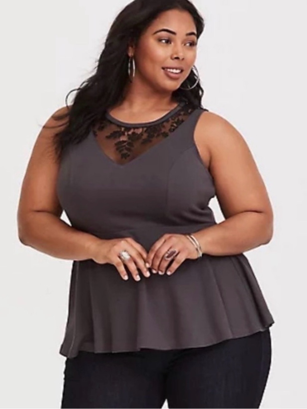 torrid Charcoal Gray Lace Yoke Peplum Tank